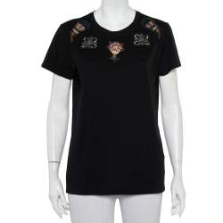 مملوكة مسبقًا Valentino Black Cotton Beaded Flower Applique Detail Crewneck T-Shirt XL