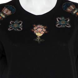 مملوكة مسبقًا Valentino Black Cotton Beaded Flower Applique Detail Crewneck T-Shirt XL
