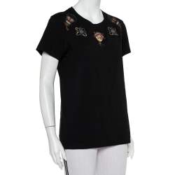 مملوكة مسبقًا Valentino Black Cotton Beaded Flower Applique Detail Crewneck T-Shirt XL