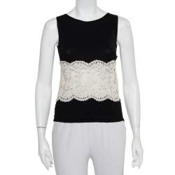 Pre Owned Valentino Black Wool & Cashmere Lace Trim Tank Top L