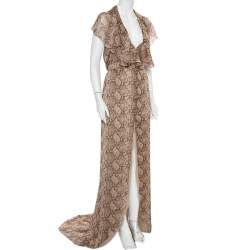 Pre Owned Valentino Beige Snakeskin Printed Silk Ruffled Halter Neck Maxi Dress M