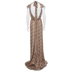 Pre Owned Valentino Beige Snakeskin Printed Silk Ruffled Halter Neck Maxi Dress M