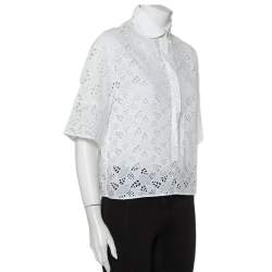 Pre Owned Valentino White Eyelet Lace Collared Button Front Shirt M