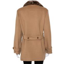 Valentino Camel Brown Wool & Cashgora Fur Trim Belted Short Coat XL