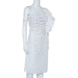 مملوكة مسبقًا Valentino White Lace Ruffle Detail One Shoulder Midi Dress M