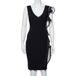 Pre Owned Valentino Black Knit Structured Ruffle Detail Sheath Dress S