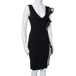 Pre Owned Valentino Black Knit Structured Ruffle Detail Sheath Dress S