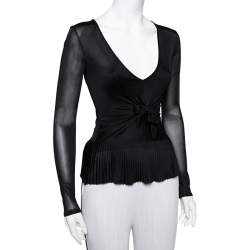 Pre Owned Valentino Black Jersey Plisse Detail Plunge Neck Top M