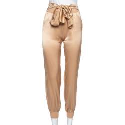Pre Owned Valentino Beige Satin & Knit Paneled Waist Tie Detail Joggers S