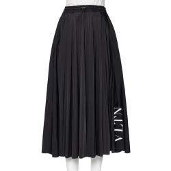 Pre Owned Valentino Black Logo Printed Knit Pleated Midi Skirt M