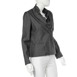 Valentino Grey Silk Ruffled Neck Button Front Blazer L
