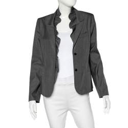 Valentino Grey Silk Ruffled Neck Button Front Blazer L