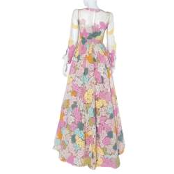 Pre Owned Valentino Multicolor Floral Lace & Tulle Long Sleeve Gown S