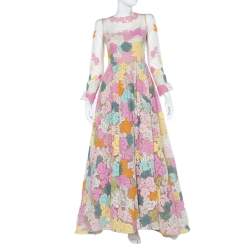 Pre Owned Valentino Multicolor Floral Lace & Tulle Long Sleeve Gown S