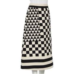 Pre Owned Valentino Checkered Monochrome Wool Midi Skirt M 