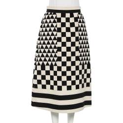 Pre Owned Valentino Checkered Monochrome Wool Midi Skirt M 