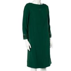 Pre Owned Valentino Green Crepe Embellished Sleeve Cape Detail Shift Dress M