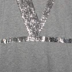 Pre Owned Valentino Grey Cotton VLogo Sequins Embellished T-Shirt M 