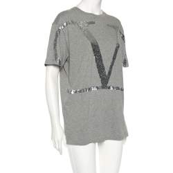 Pre Owned Valentino Grey Cotton VLogo Sequins Embellished T-Shirt M 