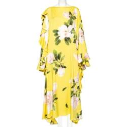 Pre Owned Valentino Yellow Silk Peony Print Asymmetrical Ruffled Gown L