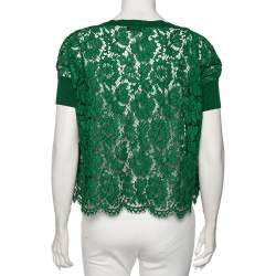Pre Owned Valentino Green Lace And Knit Trim Oversized Top S