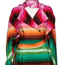 Pre Owned Valentino Multicolor Rainbow Striped Silk Asymmetrical Hem Cape Detail Trench Coat M