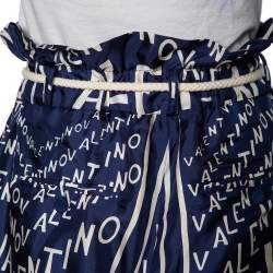 Pre Owned Valentino Blue Logo Print Silk Rope Belted High Waist Shorts M