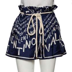 Pre Owned Valentino Blue Logo Print Silk Rope Belted High Waist Shorts M