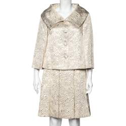 Valentino Gold Embossed Wool & Silk Oversized Collar Blazer & Pleated Mini Skirt M