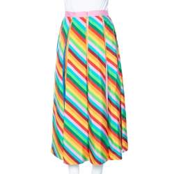 Pre Owned Valentino Multicolored Striped Silk Pleated Midi Skirt M
