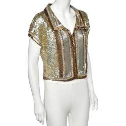 Pre Owned Valentino Gold Embellished Cap Sleeve Crop Top L