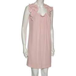 Pre Owned Valentino Pink Chiffon Bow Applique Pleated Yolk Detailed Shift Dress M