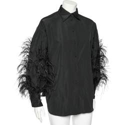 Pre Owned Valentino Black Cotton & Ostrich Feather Detailed Button Front Shirt M