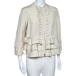 Valentino Cream Ruffled Cotton Zip Front Jacket M