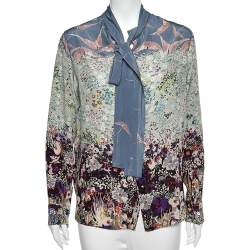 Pre Owned Valentino Multicolored Printed Silk Neck Tie Detail Button Front Blouse L 
