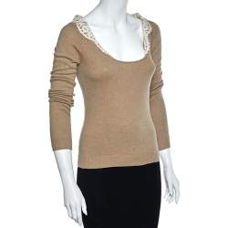 Pre Owned Valentino Vintage Beige Wool & Cashmere Lace Trim Detail Top S
