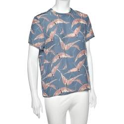 Pre Owned Valentino Blue Bird Printed Silk Top M