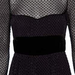 Pre Owned Valentino Black Velvet Polka Dotted & Silk Neck Tie Detailed Midi Dress M