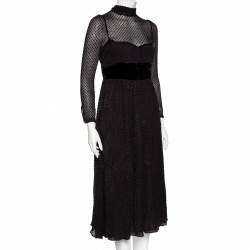 Pre Owned Valentino Black Velvet Polka Dotted & Silk Neck Tie Detailed Midi Dress M