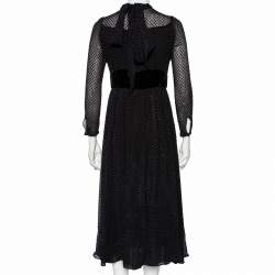 Pre Owned Valentino Black Velvet Polka Dotted & Silk Neck Tie Detailed Midi Dress M