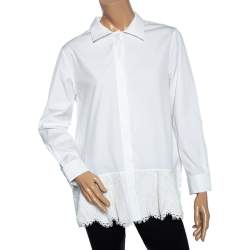 Pre Owned Valentino White Cotton & Lace Trim Detailed Scalloped Hem Blouse L