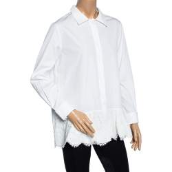 Pre Owned Valentino White Cotton & Lace Trim Detailed Scalloped Hem Blouse L