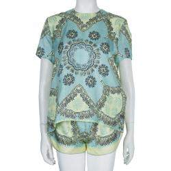 Pre Owned Valentino Mint Green Printed Short Sleeve Silk Top M