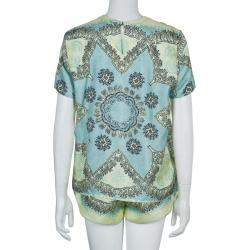 Pre Owned Valentino Mint Green Printed Short Sleeve Silk Top M