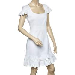 Pre Owned Valentino White Cotton Scallop Trim Detail Mini Dress M