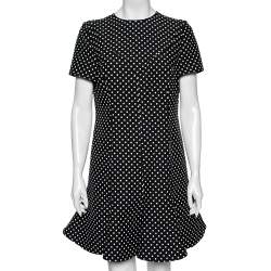 Pre Owned Valentino Black Polka Dotted Wool Flared Hem Detailed Dress L