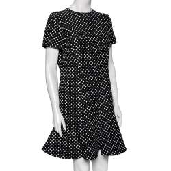 Pre Owned Valentino Black Polka Dotted Wool Flared Hem Detailed Dress L