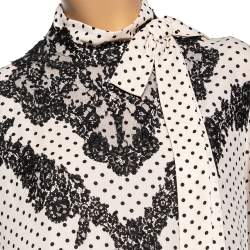 Pre Owned Valentino Cream Polka Dotted Silk Lace Trimmed Neck Tie Detailed Blouse L