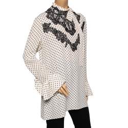 Pre Owned Valentino Cream Polka Dotted Silk Lace Trimmed Neck Tie Detailed Blouse L