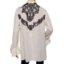 Pre Owned Valentino Cream Polka Dotted Silk Lace Trimmed Neck Tie Detailed Blouse L
